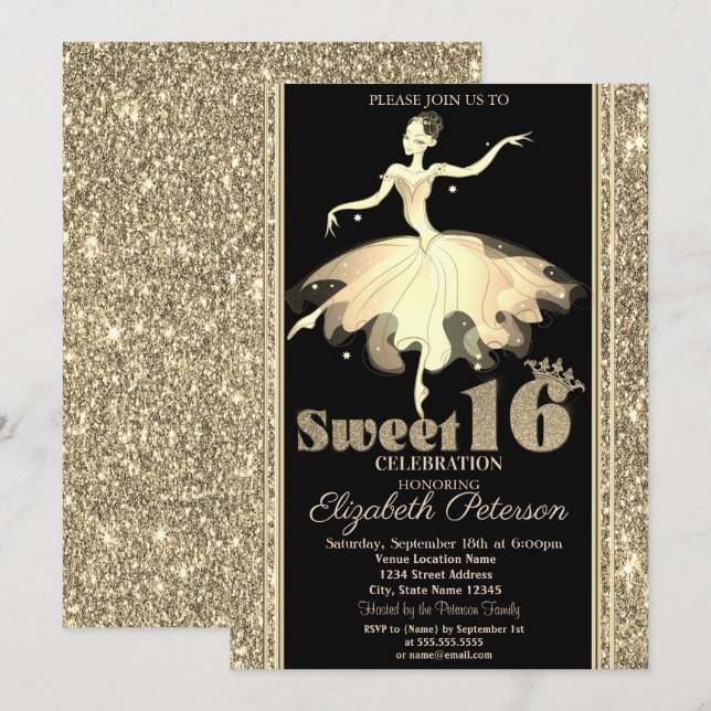 Elegant Ballerina Guld Glitter Sweet 16 Inbjudningar (Fram/baksida)