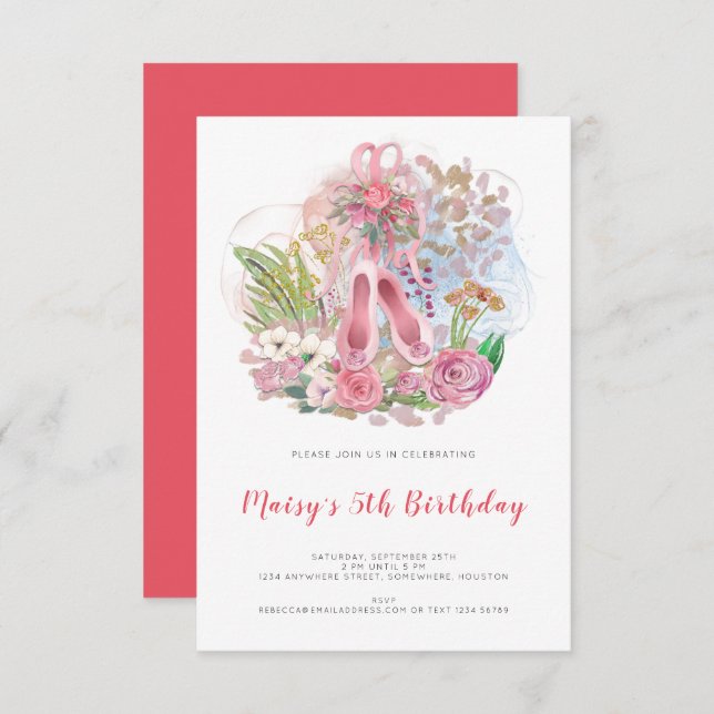 Elegant Ballet Shoes Rosa Girl Girl Girl Femth Föd Inbjudningar (Fram/baksida)