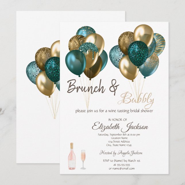 Elegant Balloons Brunch & Bubbly Bröllopsdusch Inbjudningar (Fram/baksida)