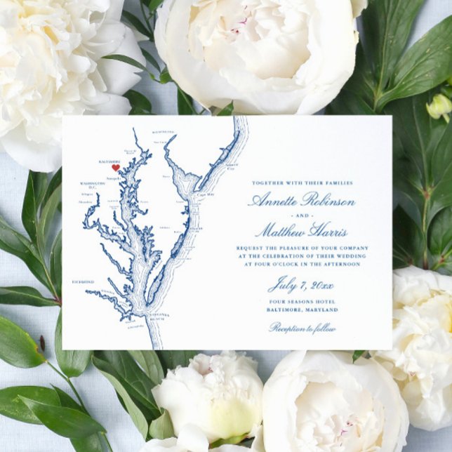 Elegant Baltimore Maryland Karta Bröllop Inbjudningar (Elegant Baltimore Maryland map wedding invitation with navy blue map of the Chesapeake Bay)