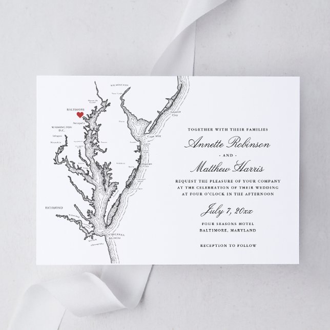 Elegant Baltimore Maryland Karta bröllopsinbjudan Inbjudningar (Baltimore Maryland Wedding invitation in elegant black and white from Coastal Map designs)
