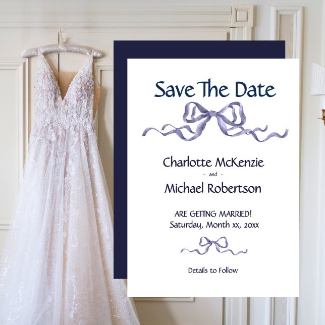 Elegant band och rosett Romantiskt bröllop Marinbl Spara Datumet (Elegant Ribbon Romantic Wedding Save The Date)