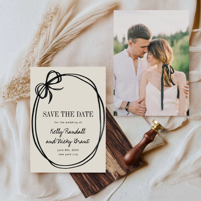 Elegant bandtyd band bröllopsfoto spara datumet (Chic Bow Tied Ribbon Wedding Photo Save The Date)