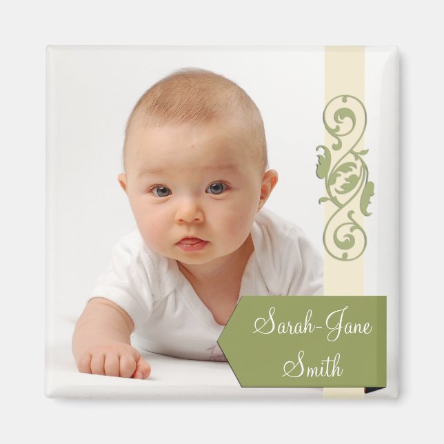 Elegant Banner Baby Photo Keepsak - Grönt Magnet (Framsidan)