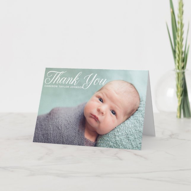 Elegant Baptism Baby Photo White Script Overlay Tack Kort (Framsida)