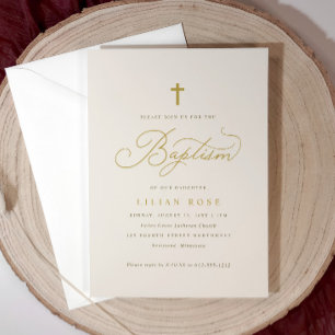 Elegant Baptism Beige Champagne Script Kor Inbjudningar