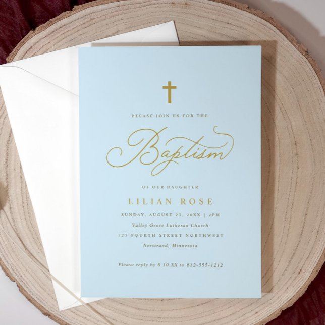 Elegant Baptism Bjud in Kor Blue Boy Inbjudningar (Light blue boy’s baptism invitation with gold script and cross—classic and customizable.)