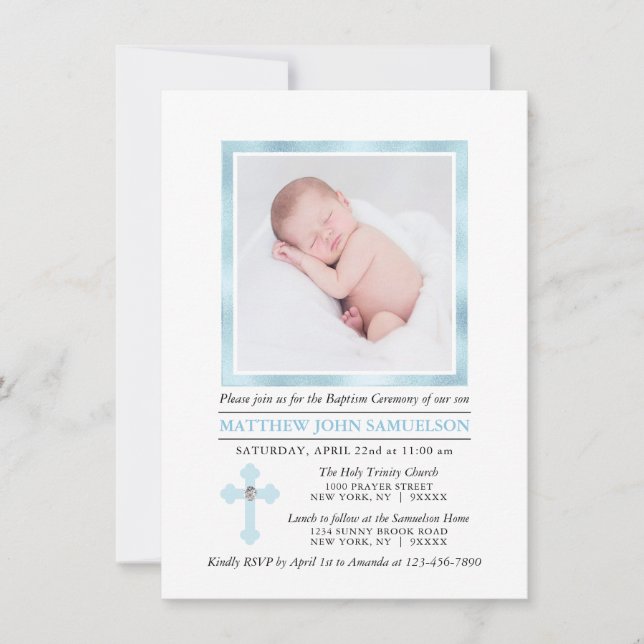 Elegant BAPTISM CHRISTENING Kor Blue Boy | PHOTO Inbjudningar (Framsida)