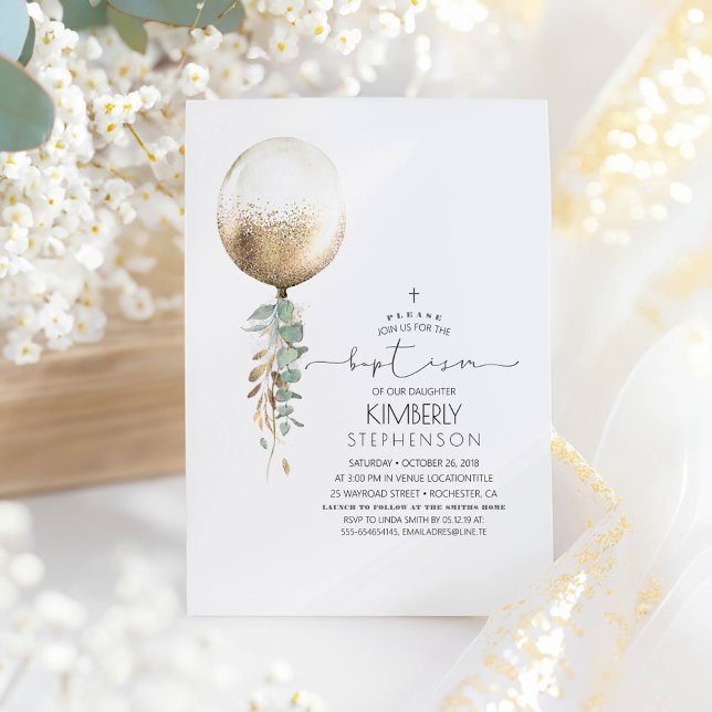 Elegant Baptism i Grey och Guld Glitter Ballon Inbjudningar (Greenery Baptism Invitation)