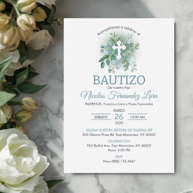 Elegant Baptism i Löv Bautizo Grönt Inbjudningar (Skapare uppladdad)