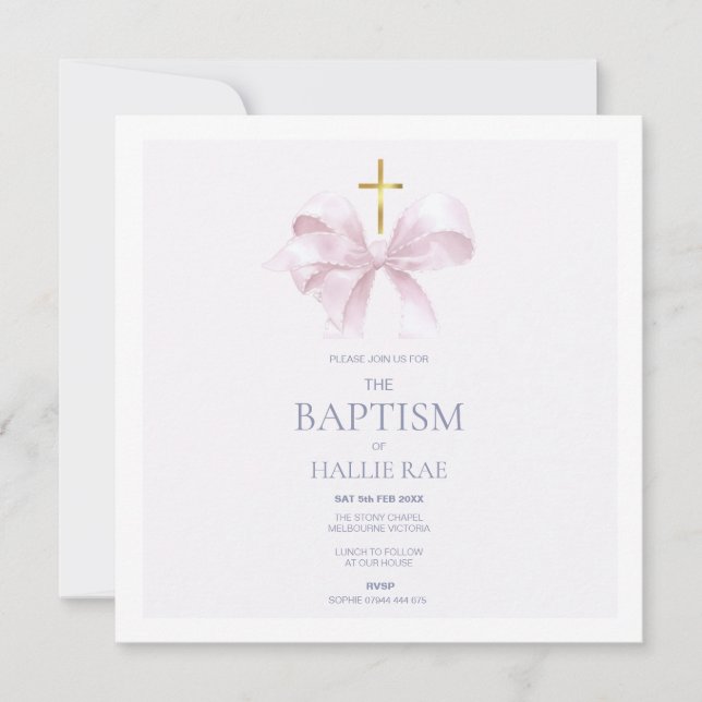 Elegant Baptism-inbjudan, Rosa Bow & Guld Kor Inbjudningar (Framsida)