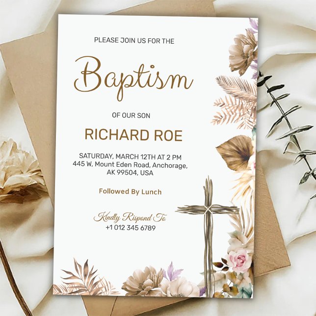 Elegant baptism invitation featuring floral accent inbjudningar (Skapare uppladdad)