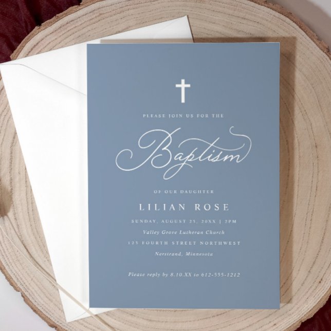 Elegant Baptism Kor Dusty Blue Inbjudningar (Dusty blue baptism invitation with gold script and cross—elegant, soft, and personalized.)