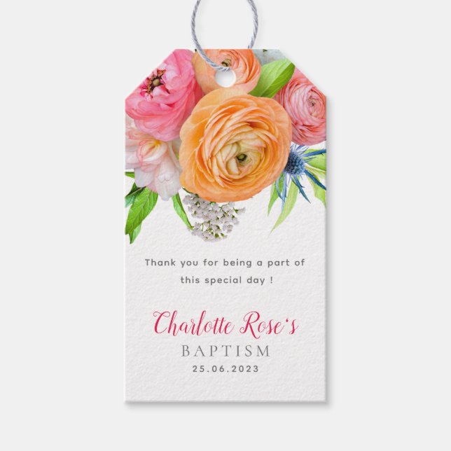 Elegant Baptism Orange Rosa Blommigt Gift-Märkre Presentetikett (Framsidan)