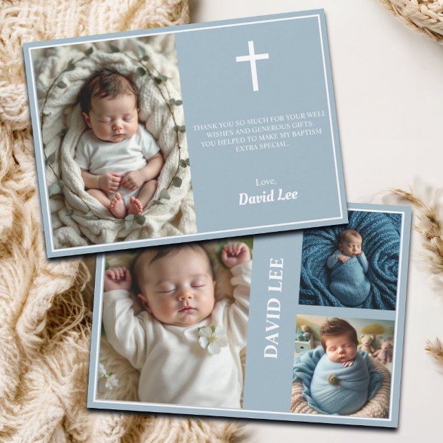 Elegant Baptism Photo Collage Dusty Blue Tack Kort (Skapare uppladdad)