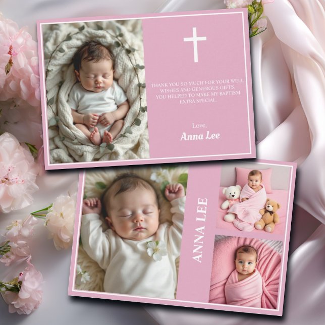Elegant Baptism Photo Collage Dusty Rosa Tack Kort (Skapare uppladdad)
