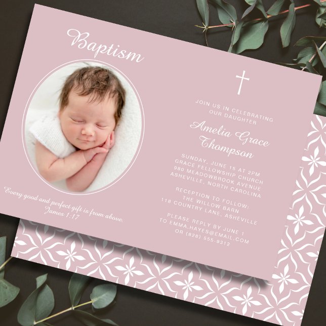 Elegant Baptism Religious Cross Photo Dusty Pink Inbjudningar (Fully editable — personalize every detail.)