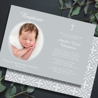 Elegant Baptism Religious Cross Photo Neutral Gray Inbjudningar