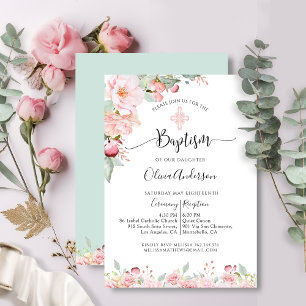 Elegant Baptism Ro Guld, Mint Blommigt-inbjudan Inbjudningar