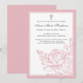 Elegant Baptism  Rosa Blommigt Ritad  Inbjudningar