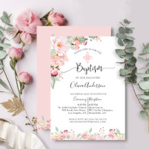 Elegant Baptism - Rosa och Mint Blommigt - inbjuda