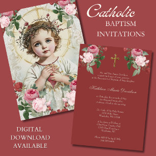 Elegant Baptism Rosa Red Blommigt Jesus Inbjudningar