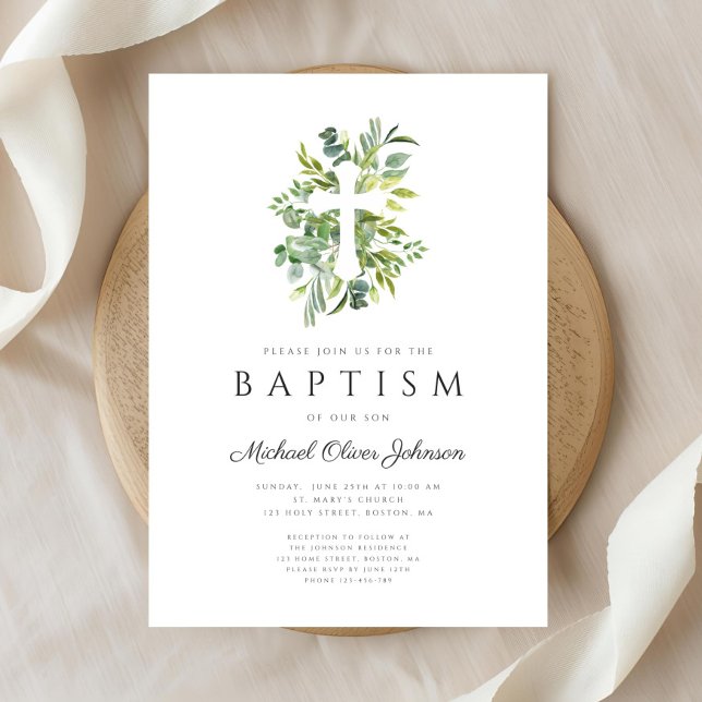 Elegant Baptism vid Religiösan Kor Inbjudningar (Elegant Botanical Religious Cross Baptism Invitation)