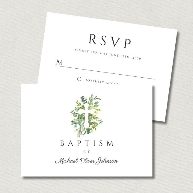 Elegant Baptism vid Religiösan Kor OSA Kort (Elegant Botanical Religious Cross Baptism RSVP Card)