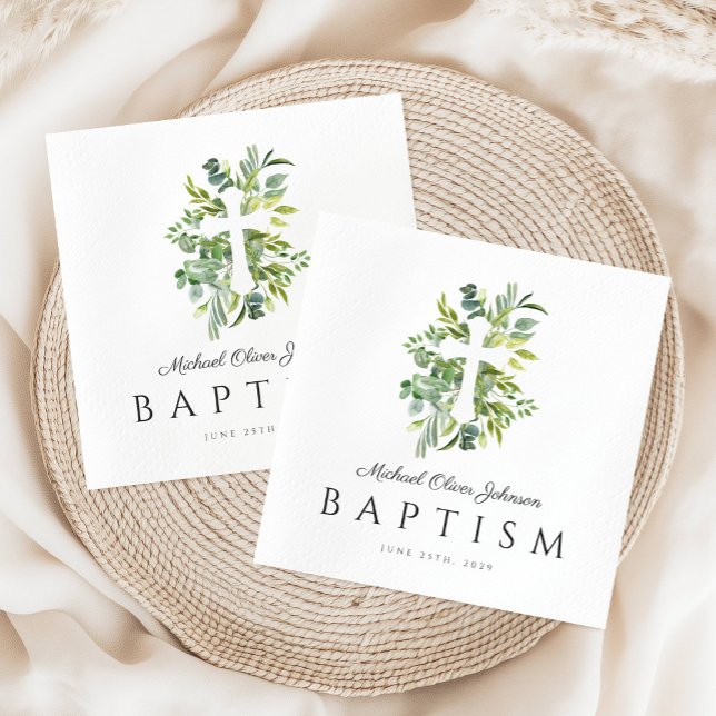 Elegant Baptism vid Religiösan Kor Pappersservett (Elegant Botanical Religious Cross Baptism Napkins)