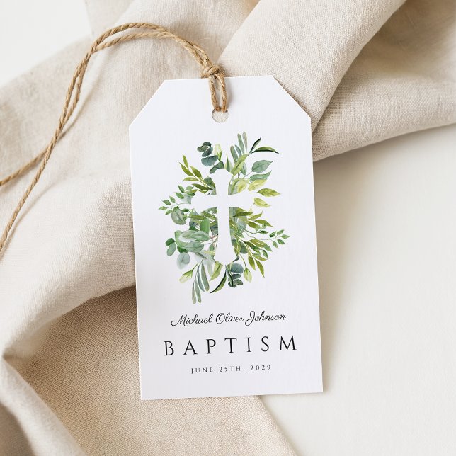 Elegant Baptism vid Religiösan Kor Presentetikett (Elegant Botanical Religious Cross Baptism Gift Tags)