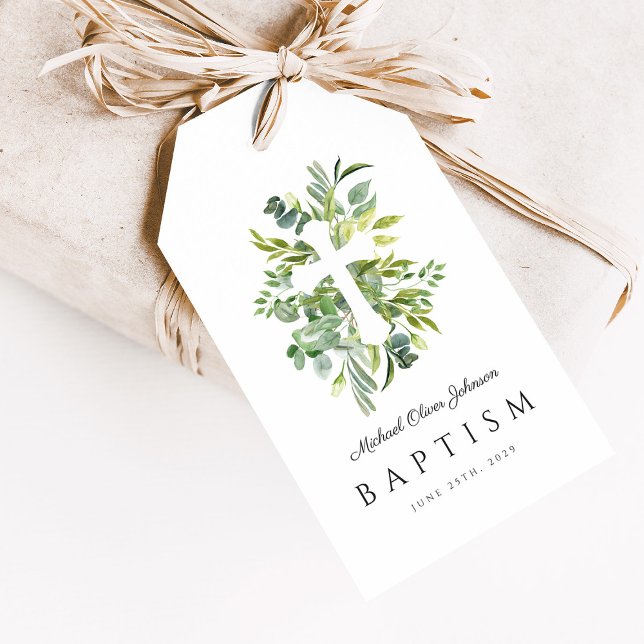 Elegant Baptism vid Religiösan Kor Presentetikett (Elegant Botanical Religious Cross Baptism Gift Tags)