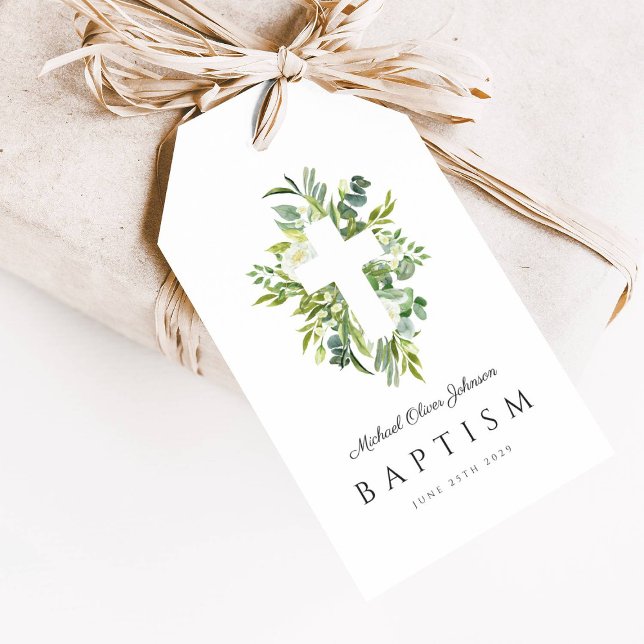 Elegant Baptism vid Religiösan Kor Presentetikett (Elegant Botanical Religious Cross Baptism Gift Tags)