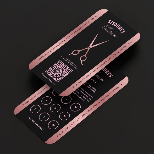 Elegant Barber Black Rosegold Scissors Loyalty Visitkort (Elegant Barber Black Rosegold Scissors Loyalty Business Card
)