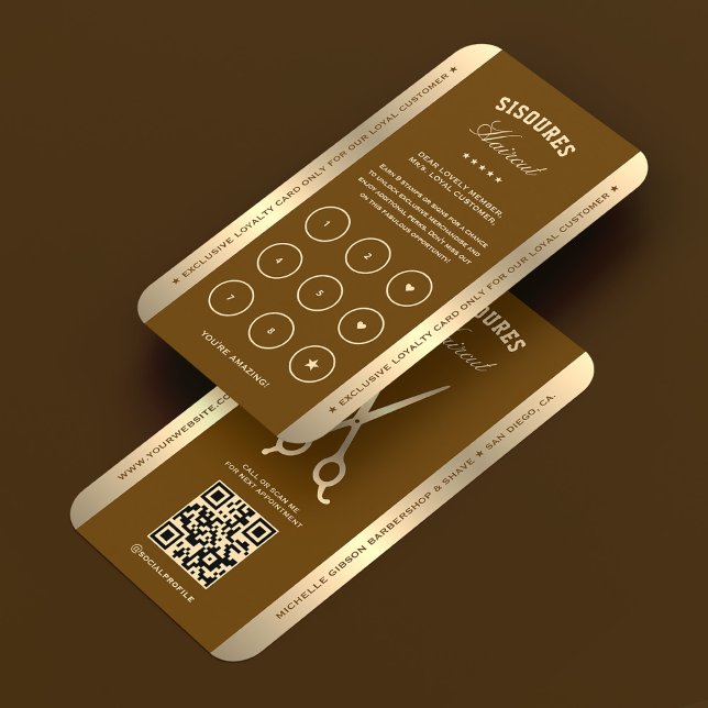 Elegant Barber Brown Barbershop Scissors Loyalty Visitkort (Skapare uppladdad)
