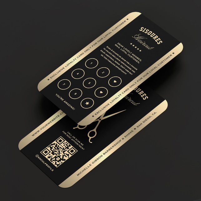 Elegant Barber Faux Guld Sissors förmånskort Visitkort (Barber Barbershop Black Gold Scissors Loyalty Card
)