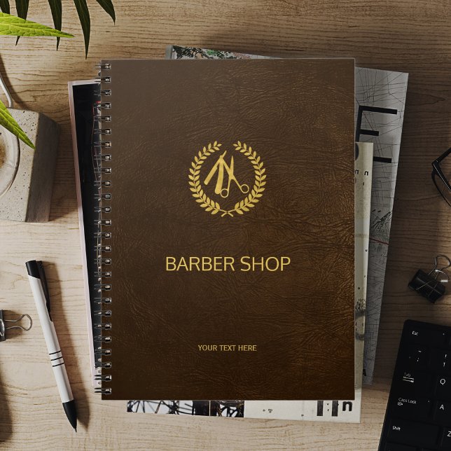 Elegant barber-logotypen möte bok anteckningsbok med spiral (Skapare uppladdad)