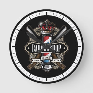 Elegant Barber Pole och Krona Logotyp Anpassa Rund Klocka