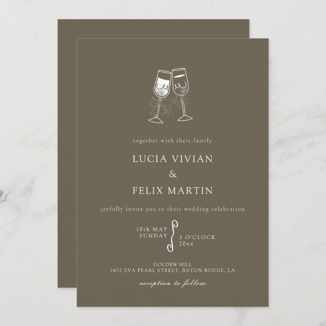 Elegant Bark Brown Champagne Bröllop Inbjudningar (Fram/baksida)