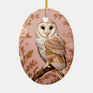 Elegant Barn Owl Pink and Gold Floral Julgransprydnad Keramik