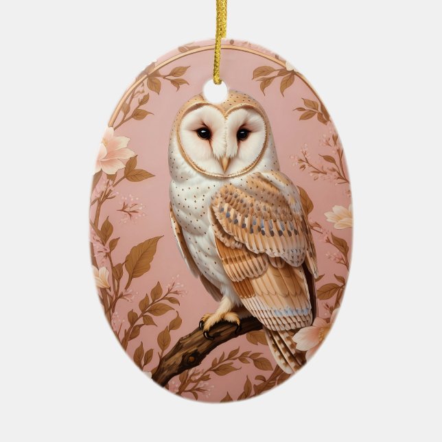 Elegant Barn Owl Pink and Gold Floral  Julgransprydnad Keramik (Framsidan)