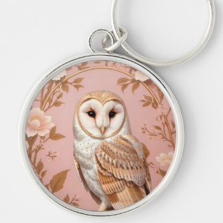 Elegant Barn Owl Pink and Gold Floral Rund Silverfärgad Nyckelring