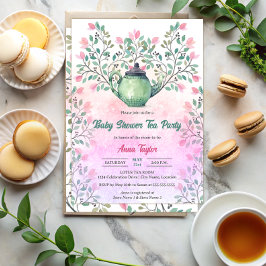 Elegant barnrums te-fest med tekanna och blommor inbjudningar