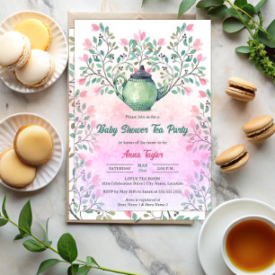 Elegant barnrums te-fest med tekanna och blommor inbjudningar