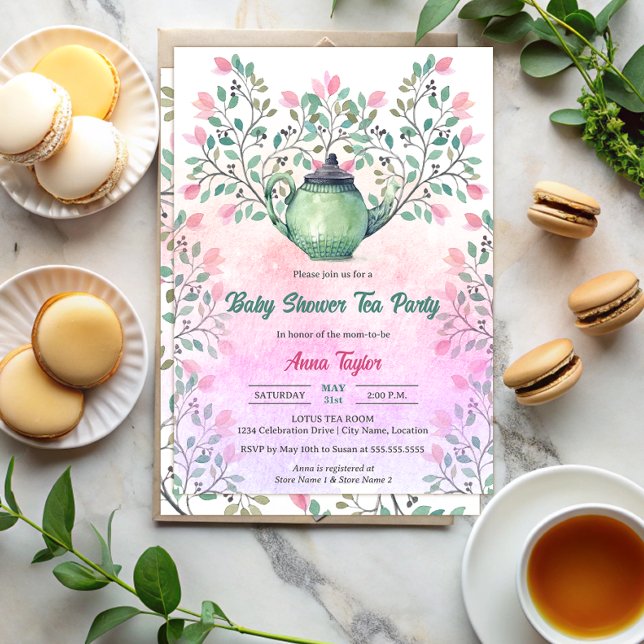 Elegant barnrums te-fest med tekanna och blommor inbjudningar (Elegant baby shower tea party invitation with a teapot and floral design elements front and back.)
