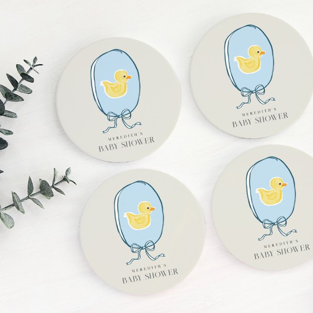 Elegant Barnshuggare för gummiram med gummi Anka Underlägg Papper (Elegant meets cute rubber ducky Baby Shower coasters featuring a yellow ducky framed in a blue ribbo)