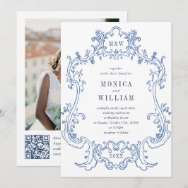 Elegant Barock Ståldammsblå Ram Foto Bröllop Inbjudningar