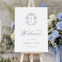 Elegant barock vapenmonogram blå bröllopsvälkomst