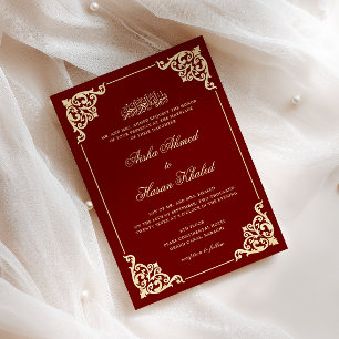 Elegant barockram Burgunderröd muslimsk bröllop Inbjudningar