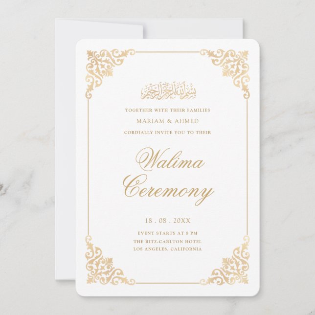 Elegant barockram Guld Walima-ceremoni Script Inbjudningar (Framsida)