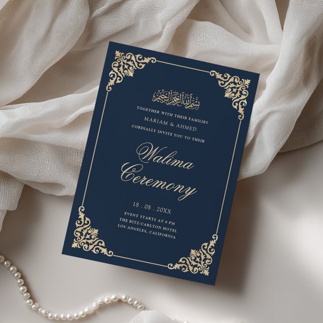 Elegant barockram Navy Blue Walima-ceremoni Inbjudningar (Skapare uppladdad)